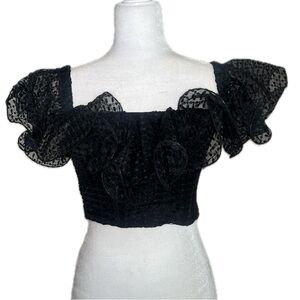 NWT Hausen Lia Black Off The Shoulder Ruffled Crop Top Smocked Sheer S Small